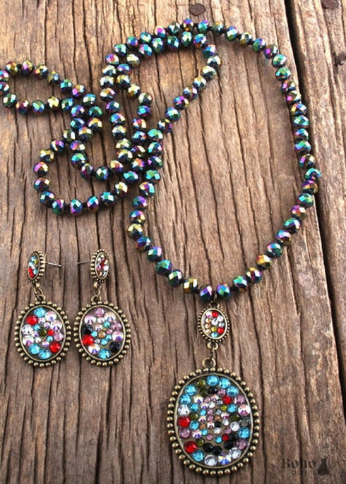 Boho Necklace, Jewelry Set, RH Crystal Black White Glass